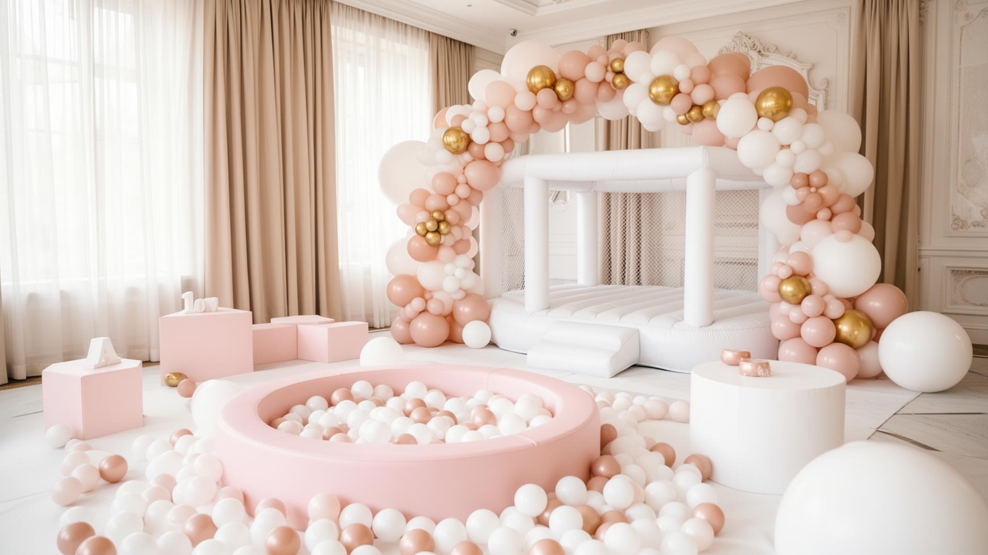 Luxury soft play and white bounce house with blush balloon garland